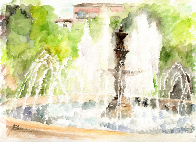 Acuarela "Fuente del parque" de Meres Barreira.