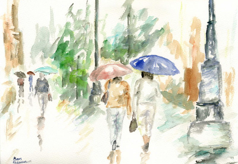 Acuarela "Paseando" de Meres Barreira.