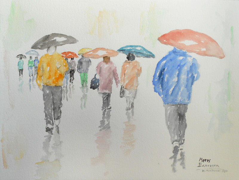 Acuarela "El paraguas rojo" de Meres Barreira.