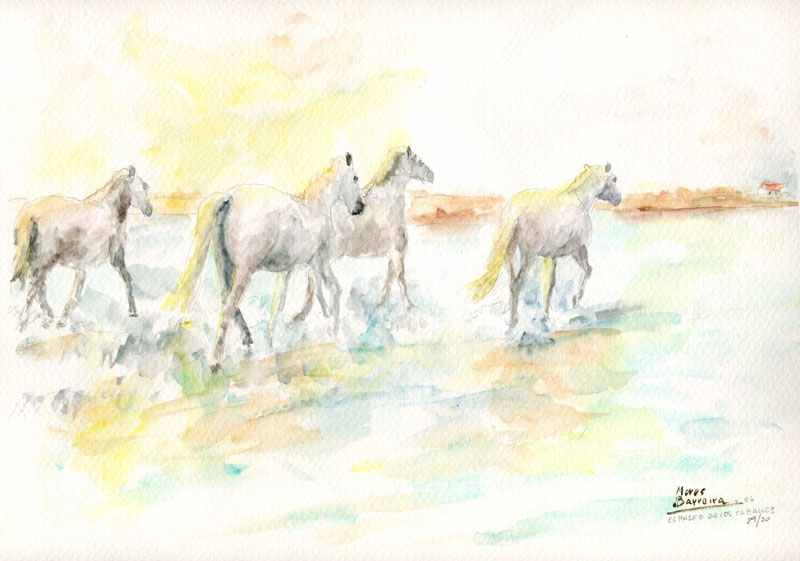 Acuarela "El paseo de los caballos" de Meres Barreira.