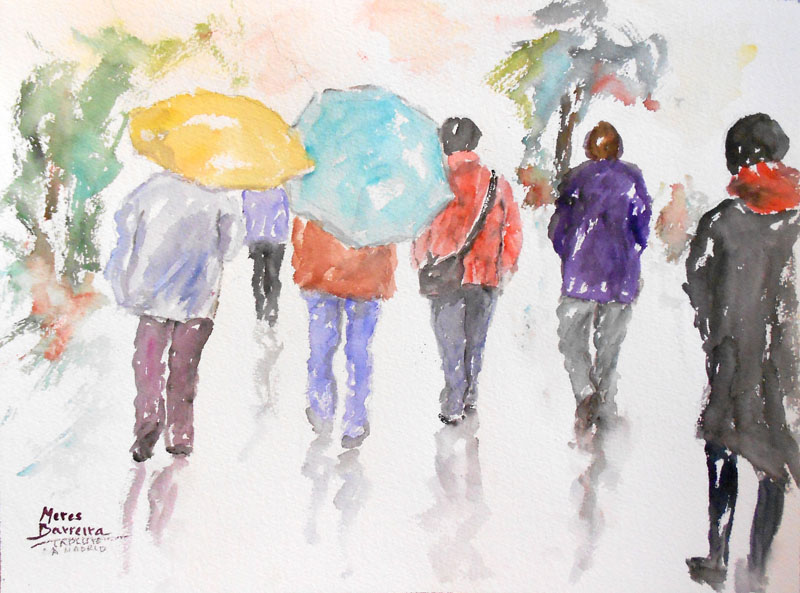 Acuarela "La pluie a Madrid" de Meres Barreira.