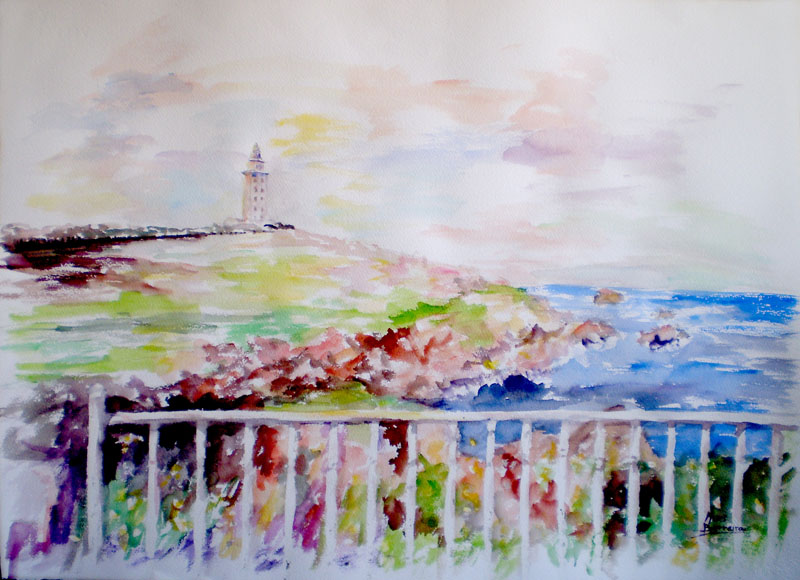 Acuarela "Las barandillas de la torre" de Meres Barreira.