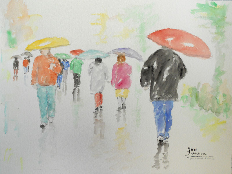 Acuarela "Paraguas rojo 2" de Meres Barreira.