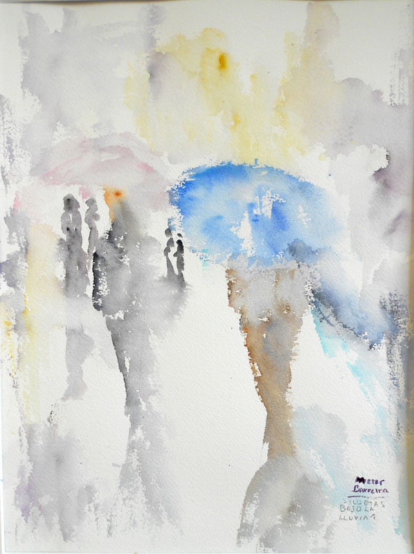 Acuarela "Siluetas bajo la lluvia 1" de Meres Barreira.